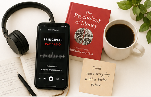 Headphones, phone playing Principles by Ray Dalio, a red Psychology of Money book, a coffee mug, and a journal on a warm neutral background.